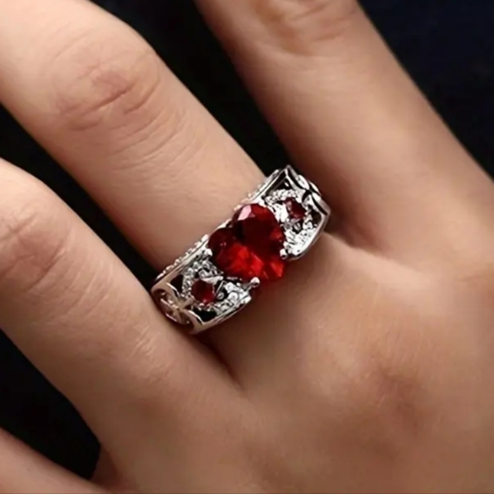 Elegant 925 Silver Plated Band and Red Gemstone Ring